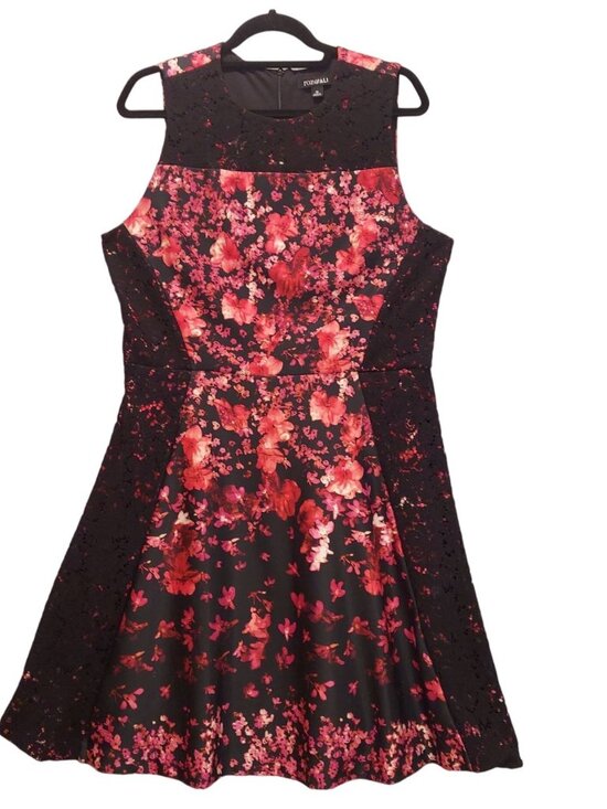 Womens Dress 16 Black Red Rose Floral Lacy Zip Sheath Feminine Career Date Night - Picture 1 of 16